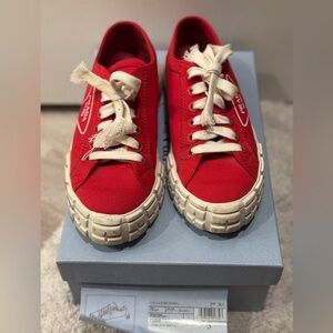 Prada Red Canvas Sneakers with Cream Soles